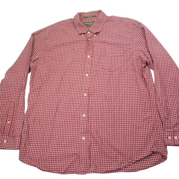 Eddie Bauer Men  Red  Shirt Plaid Button Long Sleeve Pocket Size L Cotton - Picture 1 of 11